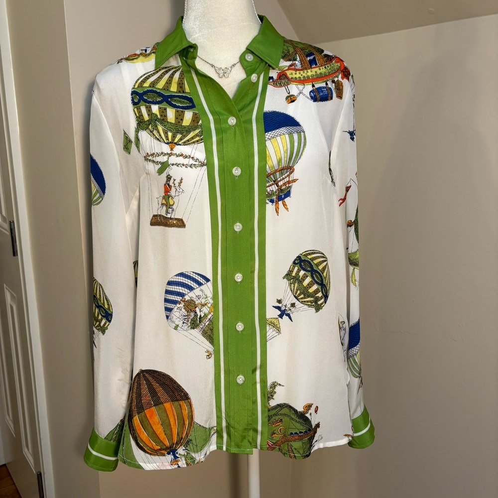 Anthropologie White and Green Balloon Print Blouse